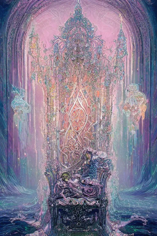 Image similar to highly detailed, intricate beautifully stunning picture of a beautiful ornate ethereal iridescent crystal throne, by disney, andrei riabovitchev, and peter mohrbacher