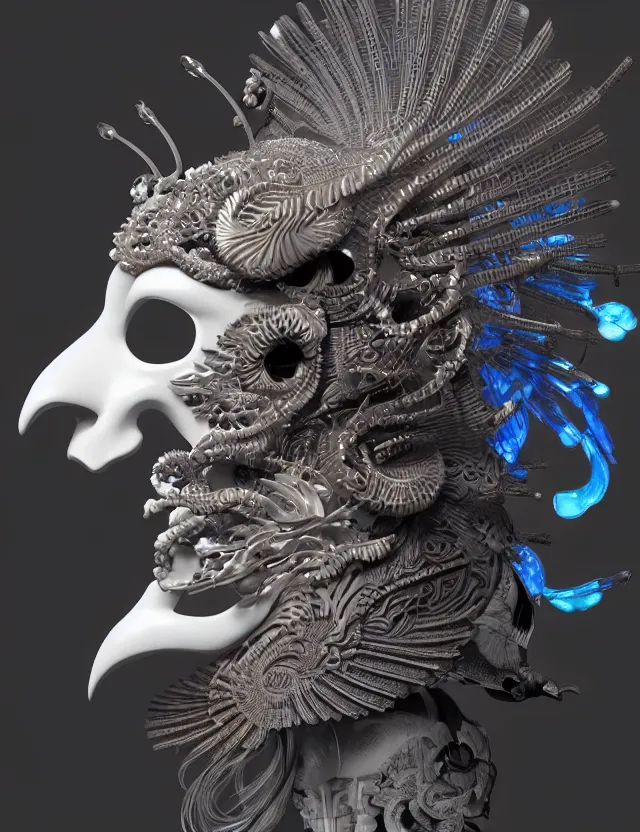 Image similar to 3 d goddess close - up profile portrait biomechanics with ram skull. beautiful intricately detailed japanese crow kitsune mask and clasical japanese kimono. betta fish, jellyfish phoenix, bio luminescent, plasma, ice, water, wind, creature, artwork by tooth wu and wlop and beeple and greg rutkowski