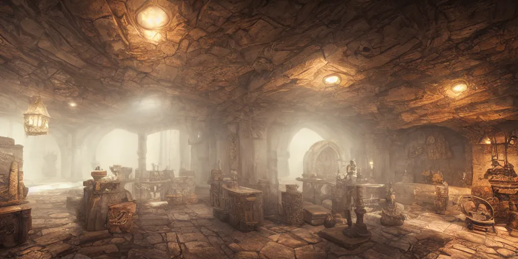 Prompt: dwarven interior design, superwide angle, light through the mist, dramatic lighting, photorealistic, cinematic lighting, high detail, cinematic feel, high octane, 4K, Unreal Engine, digital render, intricate, ultra realistic