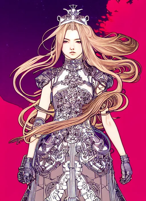 Image similar to highly detailed terada katsuya artgerm artstation final fantasy minaba hideo manga poster of princess mechine, long hair, armor, dress, laces, ruffles, 8 k, fluorescent, maximalist, jump comics, tomer hanuka, alphonse mucha