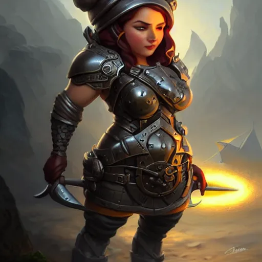 Image similar to charming muscular gnome engineer, full body portrait, metal gadgets, female, naval landscape, d & d, fantasy, intricate, elegant, highly detailed, digital painting, artstation, octane render, concept art, matte, sharp focus, illustration, herrarthstone, art by artgerm and greg rutkowski and alphonse mucha