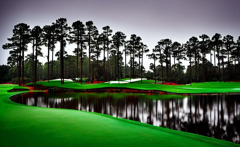 Prompt: nr. 1 2 at augusta national, the masters, many beautiful flowers and magnlia trees, completely flooded with brown water during rain storm, beautiful ambient light, fog,