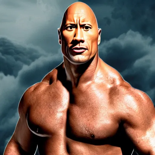 Image similar to dwayne the rock johnson, but he is a dungeons and dragons tiefling. he has overalls and grey skin.