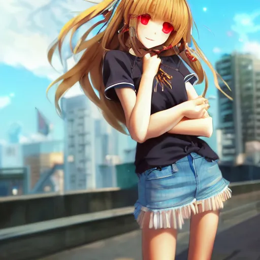 Image similar to a very beautiful anime girl, full body, long golden hair, sky blue eyes, full round face, short smile, mini jeans skirt, cute top, urban setting, cinematic lighting, medium shot, mid-shot, highly detailed, trending on Artstation, Unreal Engine 4k, cinematic wallpaper by Stanley Artgerm Lau, WLOP, Rossdraws, James Jean, Andrei Riabovitchev, Marc Simonetti, and Sakimichan