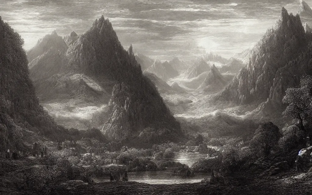 Prompt: a meticulously composed render of a middle earth landscape by francis danby, john martin, and gustave dore,