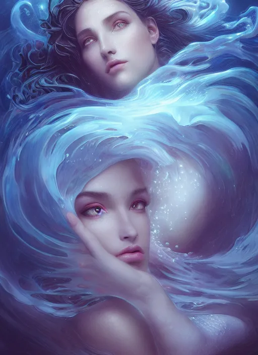 Image similar to a dreamy moody underwater photographic portrait of a anthropomorphic bioluminescent liquid wave, dramatic volumetric lighting, fantasy, intricate, elegant, highly detailed, digital painting, artstation, concept art, smooth, sharp focus, illustration, art by artgerm and h r giger and alphonse mucha