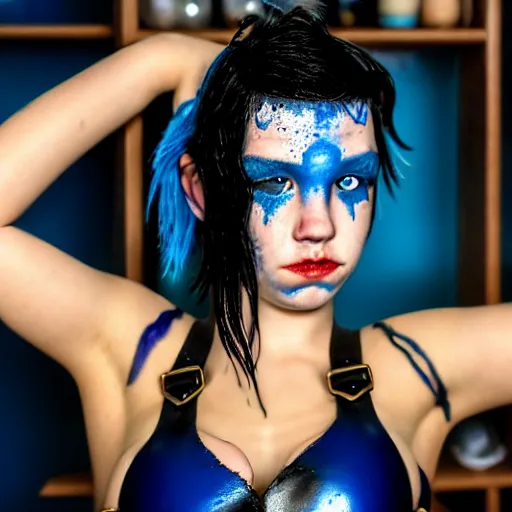 Image similar to a dnd Triton girl with blue skin and messy black hair wearing a leather swimsuit in a pantry eating an apple, a little blue-skinned girl with messy black hair sharp pointed ears freckles along the ridges of her cheeks, dnd triton, high resolution film still, 4k, HDR colors