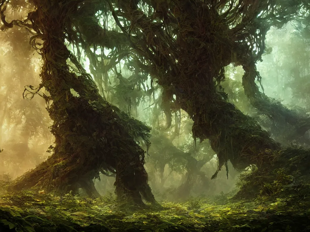 Prompt: a walking druid abomination, heavily forested, overgrown trees, beautiful lighting, beautiful landscape beautifully designed character, award winning collaborative painting by geg ruthowski, alphonse murac, craig mullins, ruan jia, wlop, yoji shinkawa, collaborative artwork, exquisitely high quality and detailed, overwhelmingly favorited by critics, game wallpaper