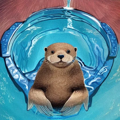 Image similar to anthropomorphic otter in a greek art style sitting in a pool of water, traditional painting, soft lighting, beautiful
