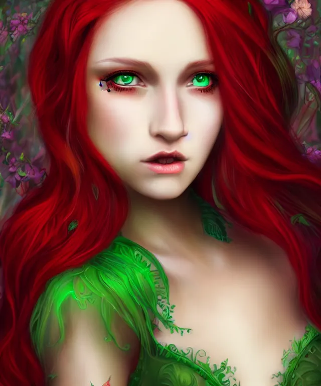 Prompt: Fae teenage girl, portrait, face, long red hair, green highlights, fantasy, intricate, elegant, highly detailed