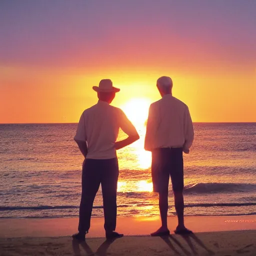 Prompt: 2 men watching the beautiful sunset together by the beach, by greg rutowski, muted colors