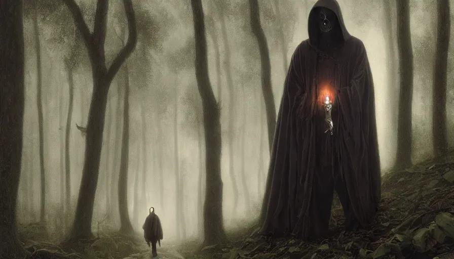 Image similar to portrait of a man in a long flowing hooded cloak and a skull mask on a path of a dark forest, ray traced lighting by Gerald Brom and Norman Rockwell