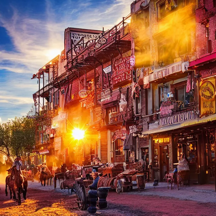 Prompt: a sunset light historical wild west village, duel between two cowboys, lots of sparkling details and sun ray's, blinding backlight, smoke, volumetric lighting, colorful, octane, 3 5 mm, saloon exterior, old town street, beautiful epic colored reflections, very colorful heavenly, softlight