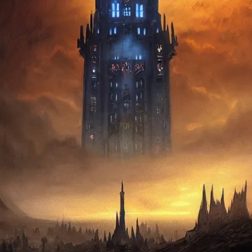 Prompt: an ultra detailed tarot card of a lonely and impossibly tall ominous gothic dark citadel tower of the evil patriarch, in the style of magic the gathering, in a river elevated high above the city, fantasy capital city, ultrawide lense, aerial photography, scary thunderstorm,, volumetric lighting, exquisite detail, 8 k, art by greg rutkowski and alphonse mucha