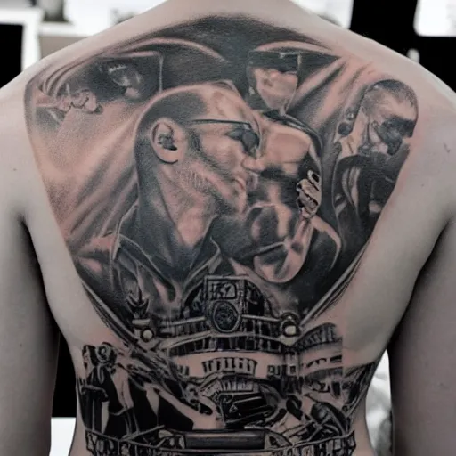 Prompt: a picture of my new back tattoo of chris evans'face by tom of finland