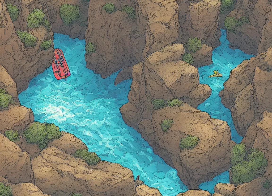 Image similar to a river raft floating through a deep canyon by moebius, clean long lines, ultra detailed