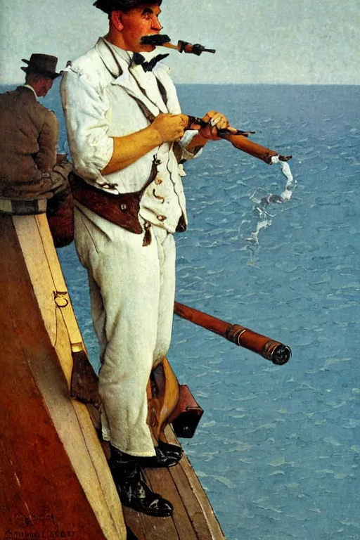 Prompt: body portrait of a french sailor smoking a pipe at sea, colour painting by norman rockwell, guidi prime background by carl spitzweg