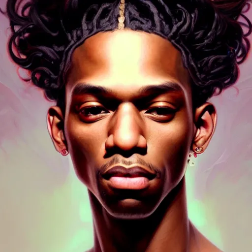 Prompt: : beautiful portrait of yung thug, fantasy, intricate, elegant, highly detailed, digital painting, artstation, concept art, smooth, sharp focus, luxury fashion illustration, art by artgerm and greg rutkowski and alphonse mucha, brightly lit cinematic soft lighting, photorealistic