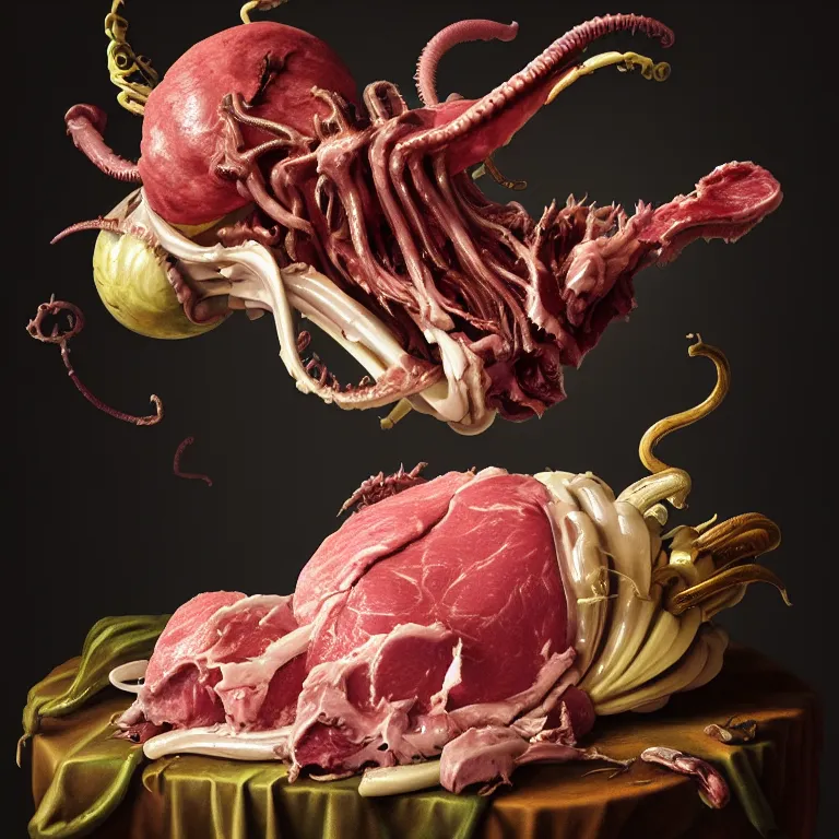 Image similar to still life of rotten meat flesh, white xenomorph, beautiful pastel tropical flowers, metallic human spine, colorful mold, baroque painting, beautiful detailed intricate insanely detailed octane render, 8K artistic photography, photorealistic, chiaroscuro, Raphael, Caravaggio