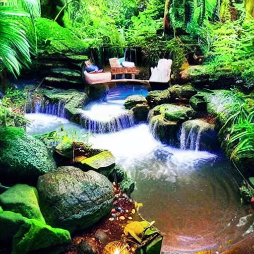 Image similar to beautiful lush magical enchanted serene cozy watery grotto