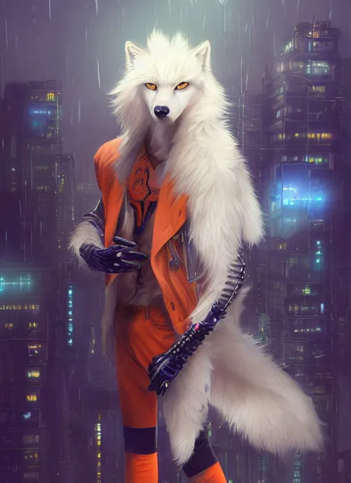 Image similar to award winning beautiful portrait commission of a male furry anthro albino wolf fursona with a tail and a cute beautiful attractive detailed furry face wearing stylish black, orange and blue cyberpunk biker clothes standing on top of a high rise in a cyberpunk city at night while it rains. Character design by charlie bowater, ross tran, artgerm, and makoto shinkai, detailed, inked, western comic book art