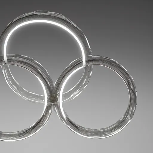 Image similar to a sculpture of three concentric rings made of clear crystal casting caustics on a white table morning light