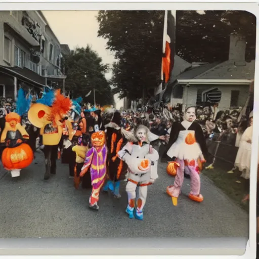 Image similar to a vivid, colorful polaroid photograph of kids in Halloween costumes marching in a parade