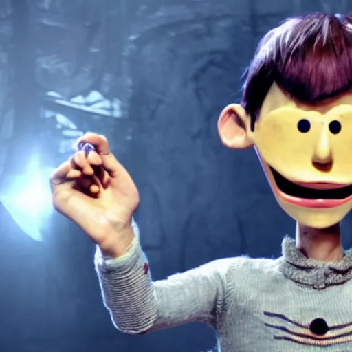 Image similar to Live Action Still of Jerma in Coraline, real life, hyperrealistic, ultra realistic, realistic, highly detailed, epic, HD quality, 8k resolution, body and headshot, film still