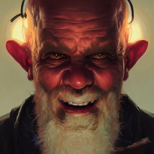 Image similar to portrait of a red bald man with black eyes and a black teeth, horror, glowing eyes, by Stanley Artgerm Lau , greg rutkowski, thomas kindkade, alphonse mucha, loish, norman rockwell. Trending on artstation detailed illustration hd 4k