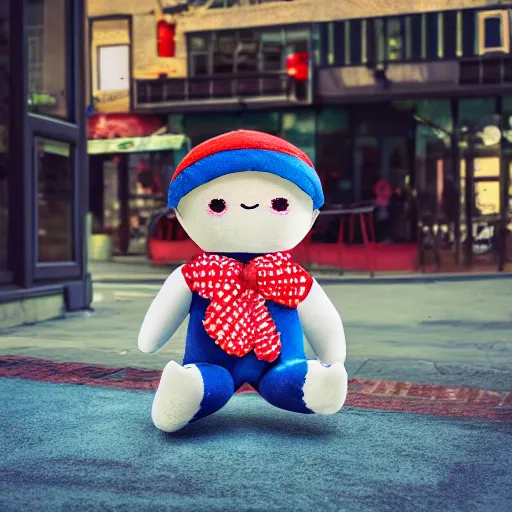 Image similar to blue'snappy gifts'human - sized plush doll, on sidewalk, holding gift, happy atmosphere, high detail, soft lighting, 8 k