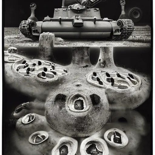 Image similar to photomontage of tanks and fungi by john heartfield, photographic, black and white, detailed, masterpiece, fine art, photomontage, museum quality