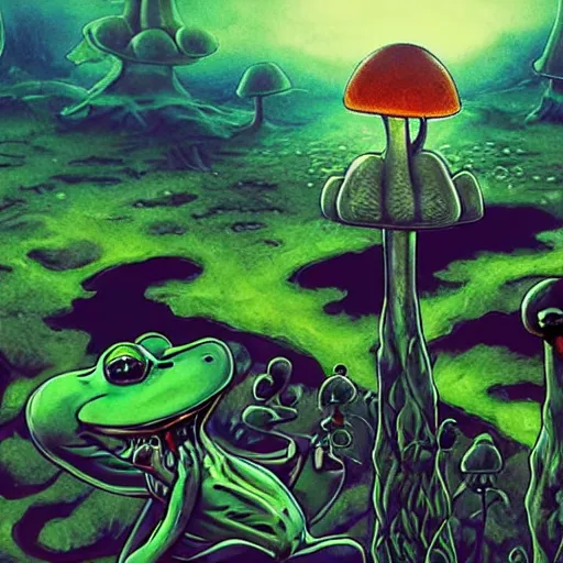 Image similar to A centered chest up portrait of a psychedelic demonic anthropomorphic frog smoking a hand-rolled cigarette smoking heavily , magic mushroom village in background . award winning. superb resolution. in the art style of junji Ito and greg rutkowski . Detailed Mushroom city in background. Hyper realistic anime. Perfect art. Dalle2