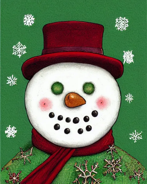 Image similar to traditional victorian snowman illustration greeting card design in maroon and moss green inspired by walter crane, intricately detailed with ultra - hd focus, exquisite, on flat matter crisp paper