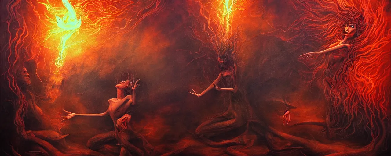 Image similar to personified emotion and thought creatures repressed in the depths unconscious of the psyche lead by baba yaga, about to rip through and escape in a extraordinary revolution, dramatic fiery lighting, surreal painting by ronny khalil