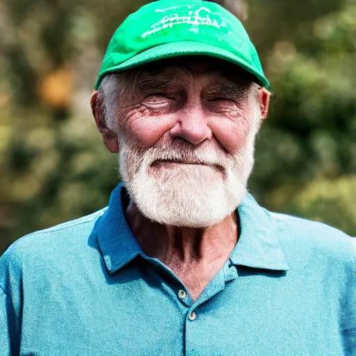 Prompt: old man wearing green shirt, blue cap, white hairs