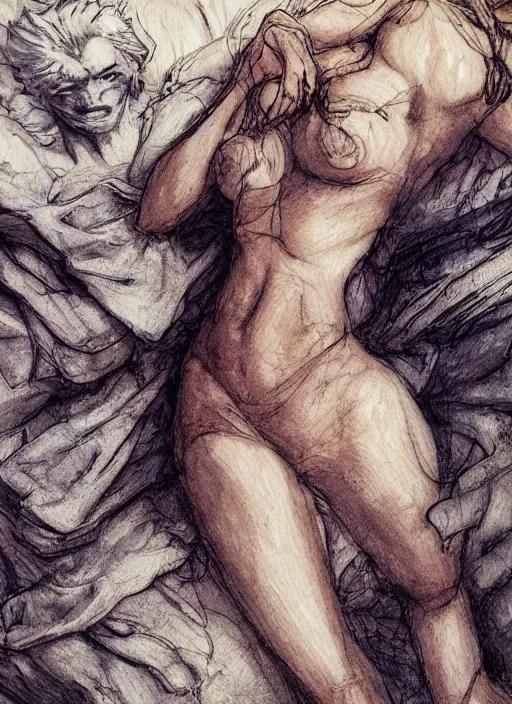 Image similar to portrait, A wood nymph laying on a bed next to groot, watercolor, dramatic lighting, cinematic, establishing shot, extremely high detail, foto realistic, cinematic lighting, pen and ink, intricate line drawings, by Yoshitaka Amano, Ruan Jia, Kentaro Miura, Artgerm, post processed, concept art, artstation, matte painting, style by eddie mendoza, raphael lacoste, alex ross