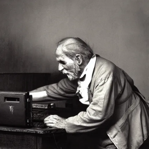 Image similar to old man staring at a highly advanced computer , old photo , 1824 , HD , 4k