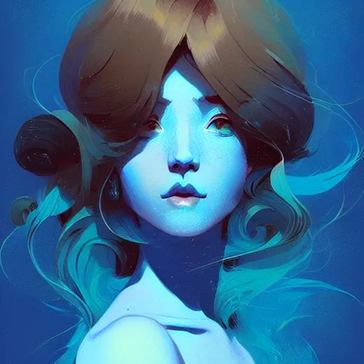 Prompt: beautiful artistic - wave highly detailed portrait female, front facing, long blue hair, in a music festival, by atey ghailan, by greg rutkowski, by greg tocchini, by james gilleard, by joe fenton, by kaethe butcher, dynamic lighting, gradient light blue, brown, blonde cream and white color scheme, grunge aesthetic