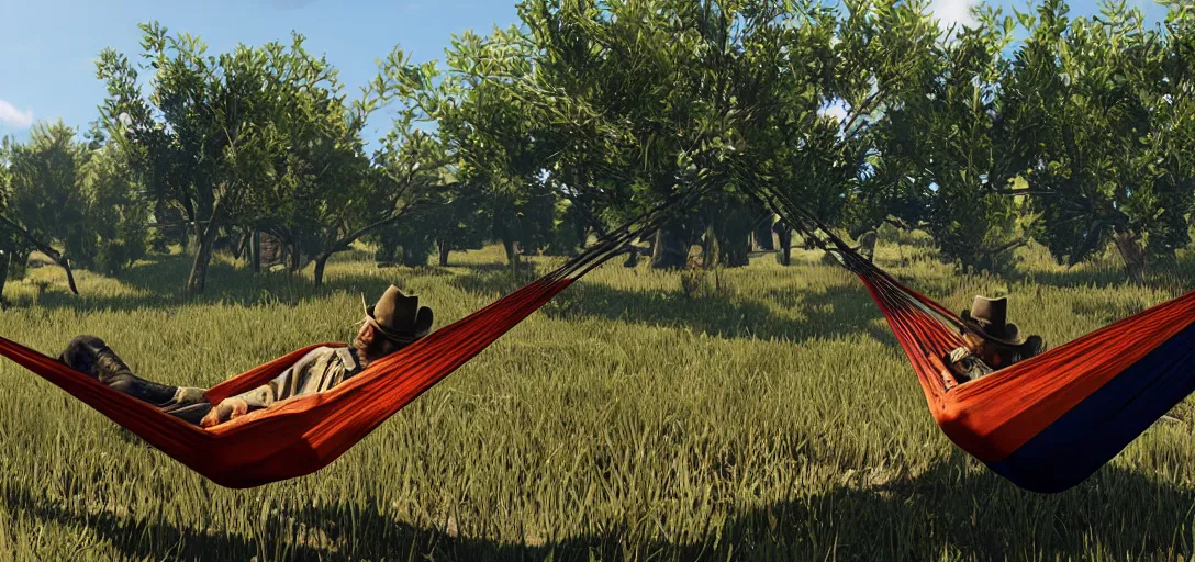 Image similar to Dutch Van Der Linde from Red Dead Redemption 2 sleeping in a hammock, a field of mango trees in the background