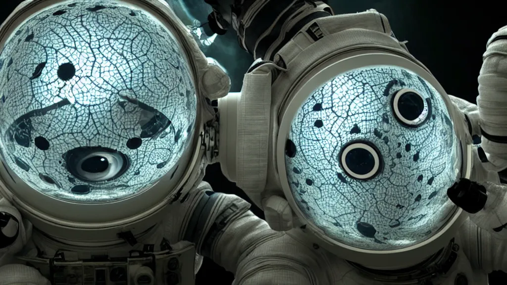 Image similar to a single astronaut eva suit made of diamond 3d fractal lace iridescent bubble 3d skin and covered with insectoid compound eye camera lenses floats through the living room, film still from the movie directed by Denis Villeneuve with art direction by Salvador Dalí, wide lens,