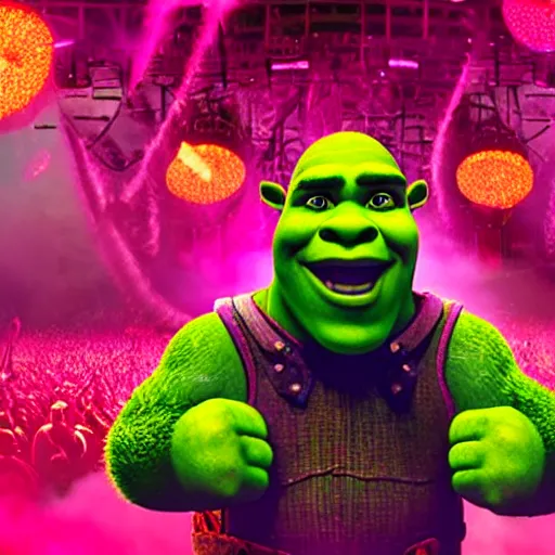 Image similar to promotional image of Shrek DJing a giant EDM festival, fog and special effects, movie still, promotional image, imax 70 mm footage