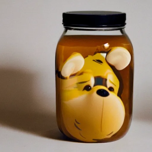 Prompt: a jar - sized winnie the pooh head = a jar of honey, surreal, realism