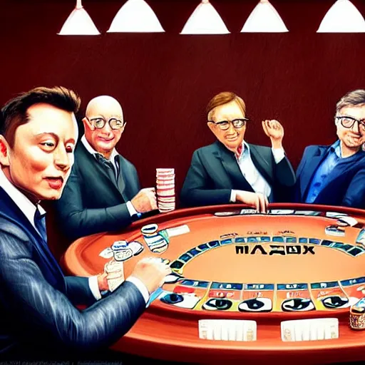 Image similar to UHD photorealistic Elon Musk playing poker with Satoshi Nakamoto, Klaus Schwab, and Bill Gates, trending on Artstation, hyperrealistic, correct details, symmetrical faces, accurate faces,