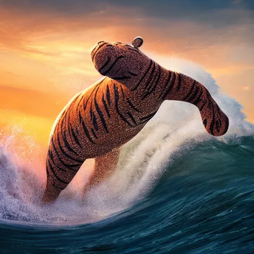 Image similar to a closeup photorealistic photograph of a large knitted tiger hippopotamus riding a large wave during sunset. surf in the background. professional capture. brightly lit scene. this 4 k hd image is trending on artstation, featured on behance, well - rendered, extra crisp, features intricate detail, epic composition and the style of unreal engine.