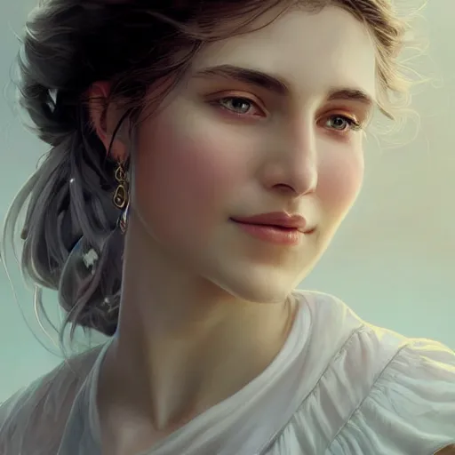 Image similar to epic portrait a beautiful woman wearing a white blouse and short sleeves, digital painting, artstation, concept art, soft light, hdri, smooth, sharp focus, illustration, fantasy, intricate, elegant, highly detailed, D&D, matte painting, in the style of Greg Rutkowski and Alphonse Mucha and artemisia, 8k, highly detailed, jurgens, rutkowski, bouguereau, pastoral, rustic, georgic, detailed concept art, illustration, colorful pastel, painting, detail, ultra detailed, digital art, octane render, 4K,