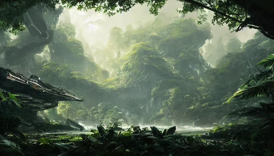 Image similar to a beautiful painting of a crashed battlestar galactica a lush jungle, ray traced lighting by kalin popov and greg rutkowski