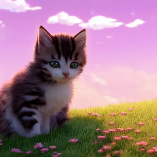 Image similar to a wholesome animation key shot of a kitten on a hill, fluffy pink anime clouds, studio ghibli, pixar animation, sharp, rendered in unreal engine 5, anime key art, bloom, dramatic lighting