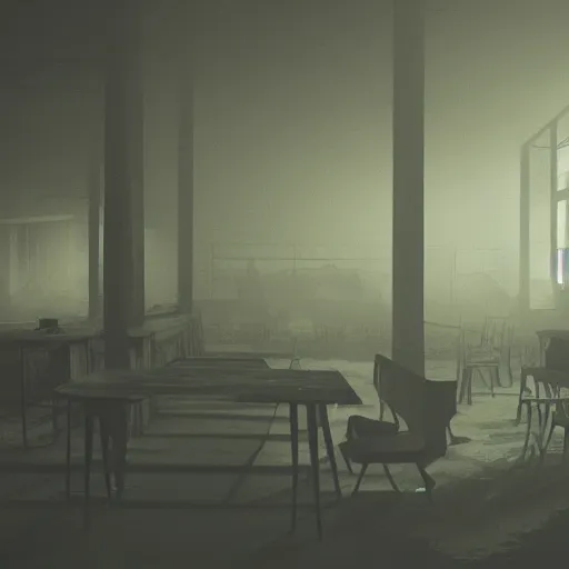 Image similar to woman holding a flashlight running through the interior of an abandoned furniture store, rows of tables and chairs, cinematic lighting, night, terrifying, scp 3008, landscape, fog, artstation