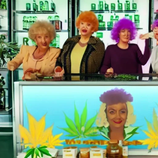 Image similar to Golden Girls open up a cannabis shop grand opening TV ad screenshot directed by Tim and Eric