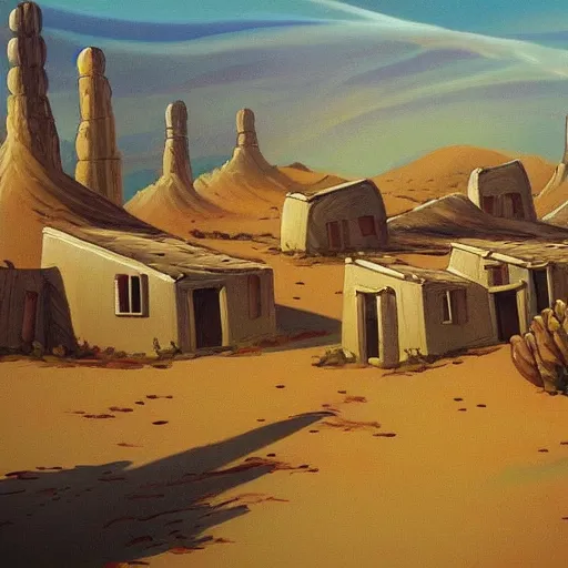 Prompt: a beautiful painting of a village in the desert, white houses, two suns, cowboy bebop